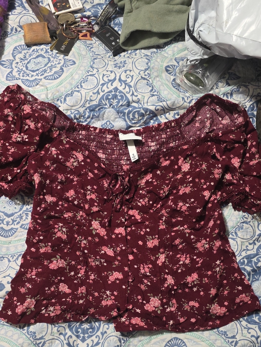 Smocked Off-Shoulder Floral Peasant Top - Burgundy with Pink Roses